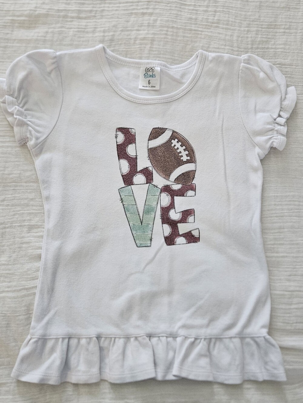 Girls' White 'Love' Football Graphic Ruffle Tee Size 6